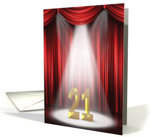 21st Birthday party invitation with spotlight and red curtains card