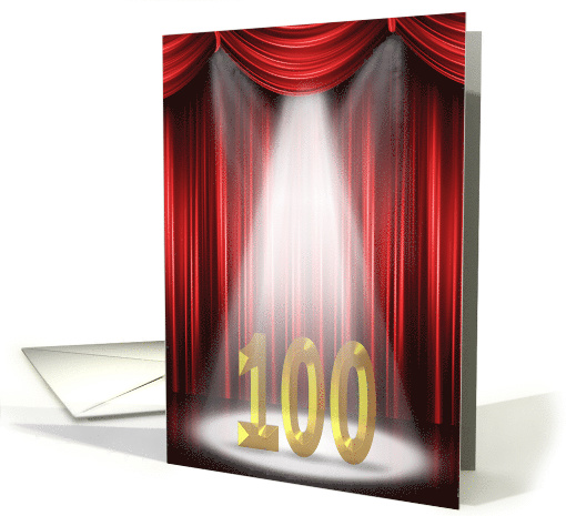 100th Birthday in stage spotlight and red curtain backdrop card