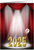 2025 New Year in Spotlight with Confetti and Red Curtains card