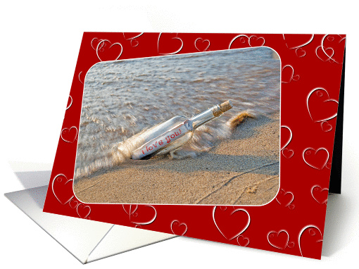 Valentine I Love You message in a bottle on heart background card