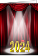 Graduation 2024 in Stage Spotlight with Red Curtains and Gold Text card