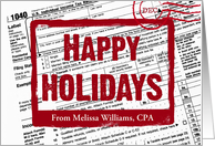 Happy Holidays postmark on income tax form card