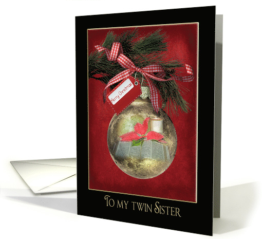 Twin sister Christmas ornament with gingham bow and Bible card