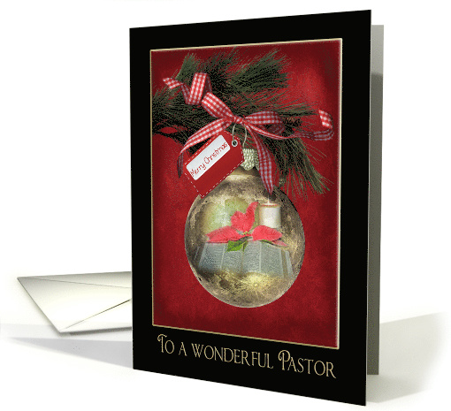 for pastor Christmas ornament with gingham bow and Bible card