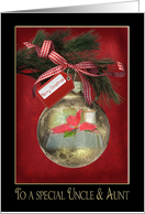 Christmas ornament with gingham bow and Bible for aunt and uncle card