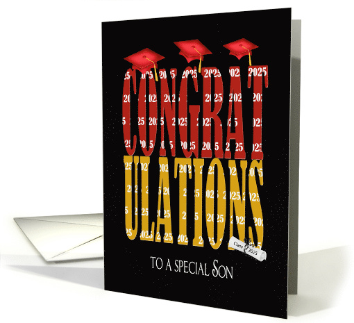 2025 Graduation For Son in Red and Gold School Colors On Black card