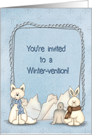 Wintervention party invitation with polar animals in snowflakes card