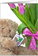 Thinking of You for Sister, Brown Teddy Bear with Pink Tulip Bouquet card