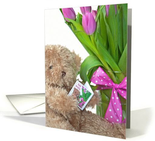 Happy Birthday-teddy bear with tulip bouquet card (1040615)
