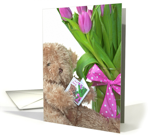 I'm Sorry, brown teddy bear with pink tulip bouquet card (1040649)