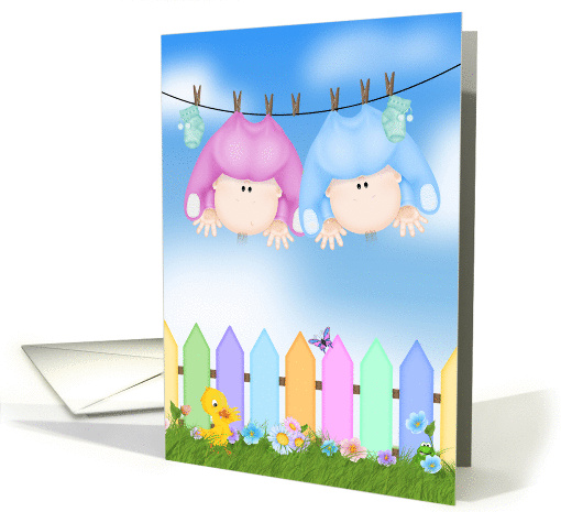 Twins Congratulations with babies on clothesline card (1041951)