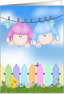 Twins Congratulations with babies on clothesline card