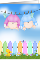for Daughter, Twins Congratulations with babies on clothesline card