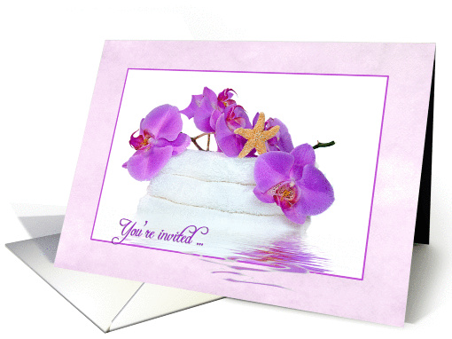 Spa Party for Birthday invitation with orchids and starfish card