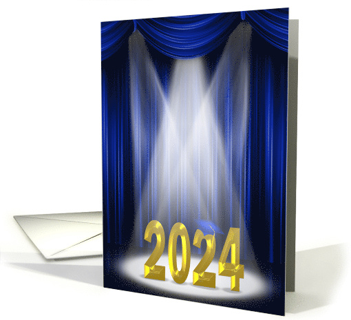 2024 College Graduation Gold Text In Spotlight With Blue Curtains card