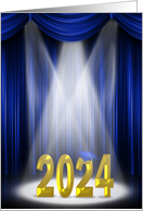 2024 College Graduation Gold Text In Spotlight With Blue Curtains card