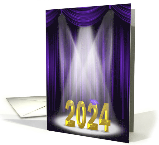 Gold 2024 Graduation Text In Spotlight With Purple Curtains card