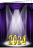 Gold 2024 Graduation Text In Spotlight With Purple Curtains card