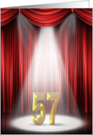 57th Birthday Party invitation, spotlight on stage with red curtains card