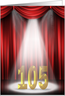 105th Birthday Party invitation in spotlight with red curtains card