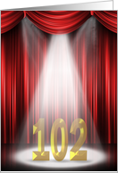 102nd Birthday Party invitation stage spotlight with red curtains card