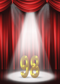 98th Birthday Party invitation, spotlight on stage with red curtains