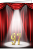 97th Birthday Party invitation, spotlight on stage with red curtains card