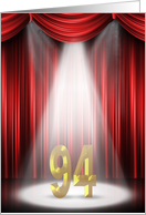 94th Birthday Party invitation, spotlight on stage with red curtains card