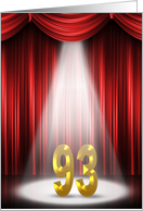 93rd Birthday Party invitation, spotlight on stage with red curtains card
