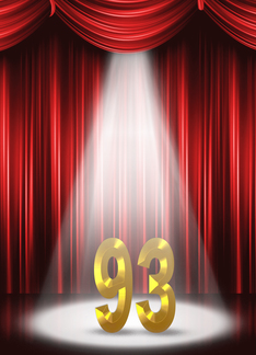 93rd Birthday Party invitation, spotlight on stage with red curtains