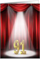 91st Birthday Party invitation, spotlight on stage with red curtains card