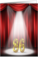 86th Birthday Party invitation, spotlight on stage with red curtains card