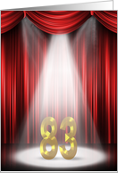 83rd Birthday Party invitation, spotlight on stage with red curtains card