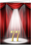 77th Birthday Party invitation, spotlight on stage with red curtains card
