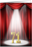 71st Birthday Party invitation, spotlight on stage with red curtains card