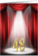 48th Birthday Party invitation, spotlight on stage with red curtains card