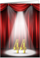 44th Birthday Party invitation, spotlight on stage with red curtains card