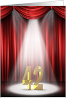 42nd Birthday Party invitation, spotlight on stage with red curtains card