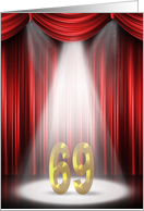 69th Birthday Party invitation, spotlight on stage with red curtains card