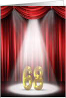 68th Birthday Party invitation, spotlight on stage with red curtains card