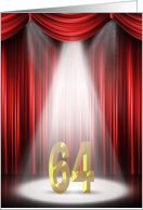 64th Birthday Party invitation, spotlight on stage with red curtains card