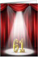 61st Birthday Party invitation, spotlight on stage with red curtains card