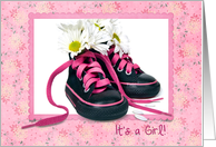 Baby Girl announcement-daisy bouquet in sneakers card