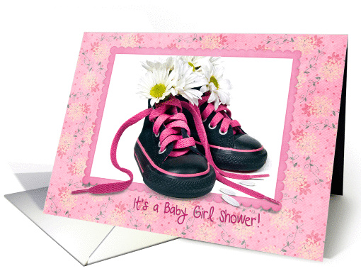 Baby Girl Shower invitation with daisy bouquet in sneaker card