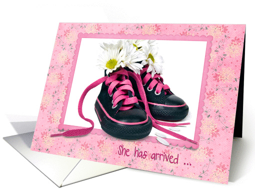 Baby Girl adoption announcement with daisy bouquet in sneakers card