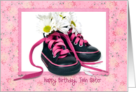Twin Sister’s Birthday - sneakers with daisy bouquet in pink frame card