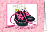 Step-Sister’s Birthday - sneakers with daisy bouquet in pink frame card