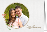 Wedding Anniversary photo card with pearl frame and floral bouquet card