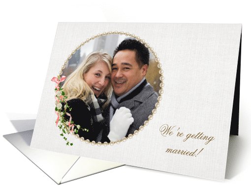 Save The Date photo card with pearl frame and floral bouquet card