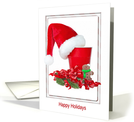 Happy Holidays, Santa hat on party cup with gingerbread man card